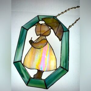 Stained Glass Vtg Window Jade citrine Suncatcher Girl bonnet Holding Umbrella